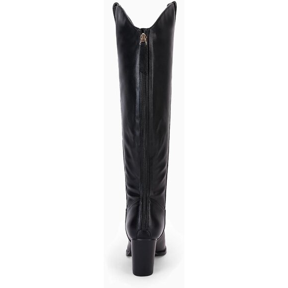 Women Black Cowboy Knee High Boots Chunky Block Heel Square Toe Tall Riding Boot - Picture 4 of 5